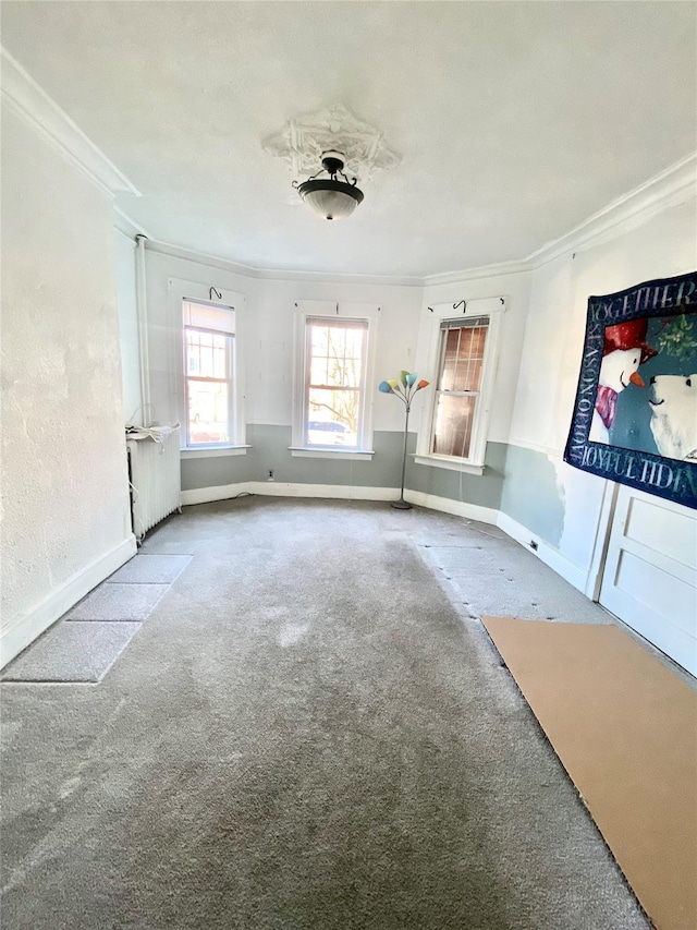 carpeted empty room with ornamental molding and radiator heating unit