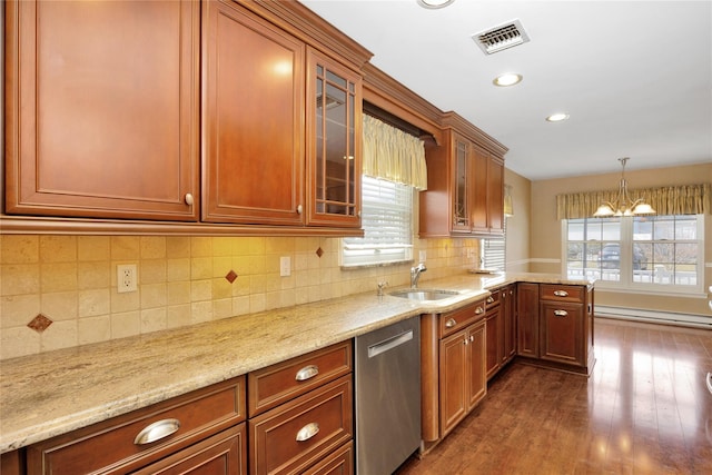 kitchen featuring sink, hanging light fixtures, dark hardwood / wood-style flooring, dishwasher, and a baseboard heating unit