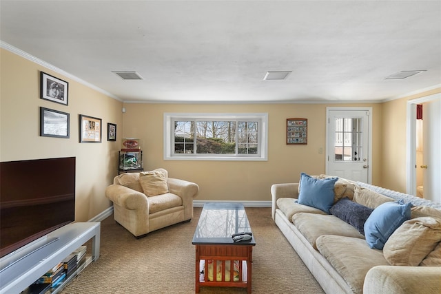 living area featuring light carpet, baseboards, visible vents, and crown molding