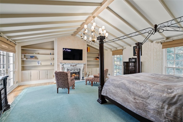 bedroom with lofted ceiling with beams and an inviting chandelier