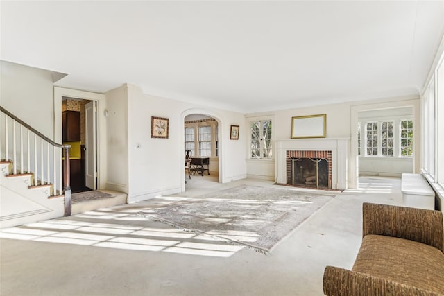 living room featuring a fireplace