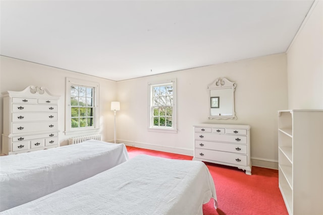 bedroom with radiator and dark colored carpet