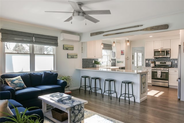 living room with sink, crown molding, ceiling fan, a wall unit AC, and dark hardwood / wood-style floors