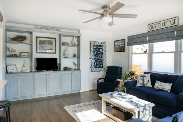 living room with dark hardwood / wood-style flooring and ceiling fan