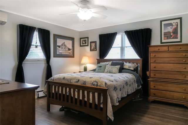 bedroom featuring crown molding, an AC wall unit, a baseboard radiator, dark hardwood / wood-style flooring, and ceiling fan