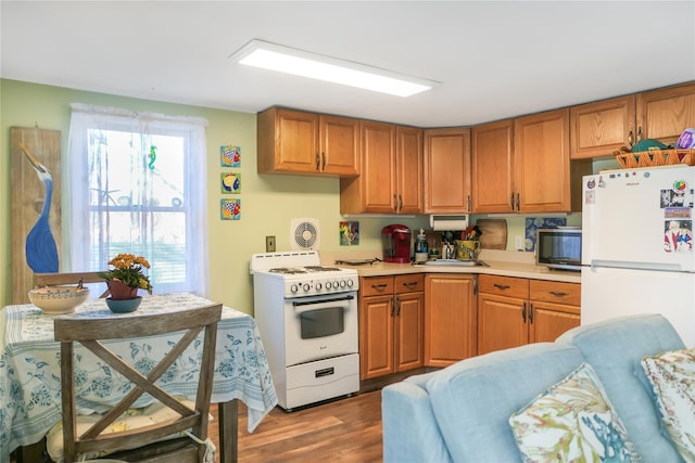 kitchen with white appliances and hardwood / wood-style floors