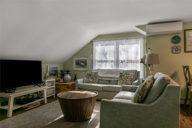 living room featuring lofted ceiling, wood-type flooring, and an AC wall unit