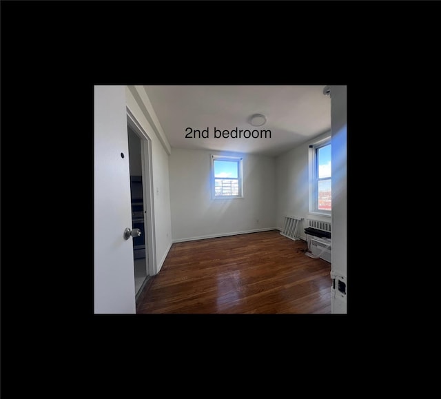 interior space featuring radiator heating unit and dark wood-type flooring