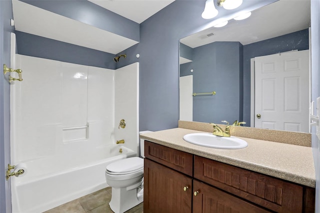 full bathroom with vanity, bathtub / shower combination, tile patterned floors, and toilet