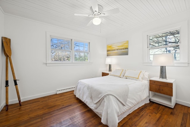 bedroom featuring multiple windows, dark hardwood / wood-style floors, and baseboard heating