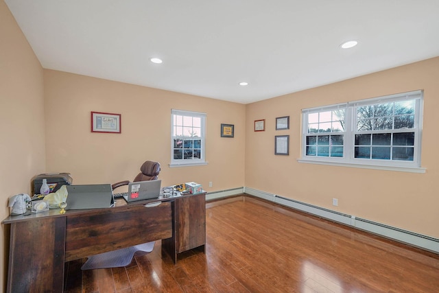 office featuring hardwood / wood-style floors and a baseboard heating unit