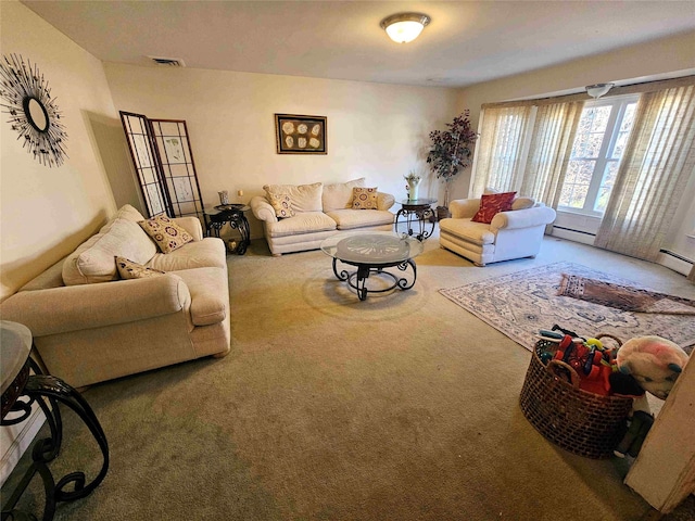 carpeted living room with baseboard heating