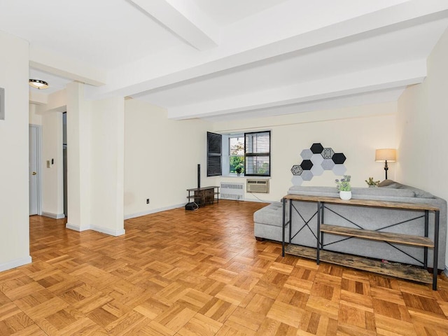 living room featuring beam ceiling, radiator, and light parquet floors