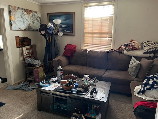 carpeted living room with crown molding