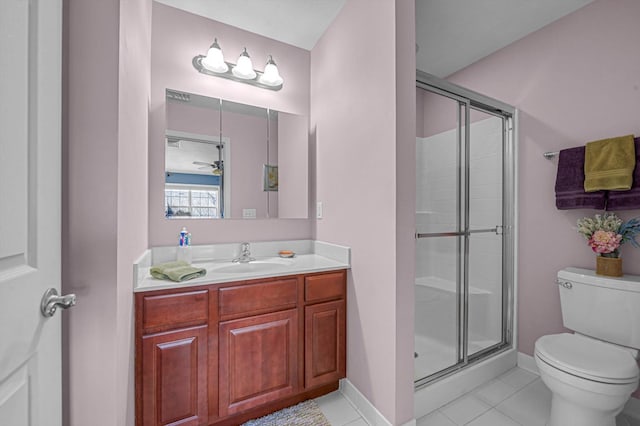 bathroom featuring tile patterned floors, toilet, vanity, and walk in shower