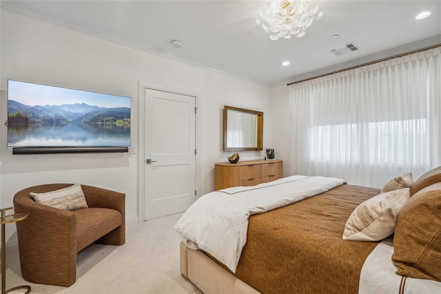 bedroom with crown molding, a chandelier, and light carpet