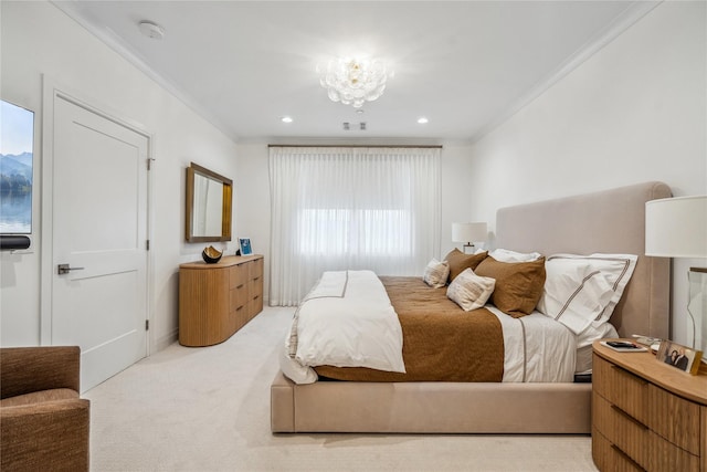 carpeted bedroom featuring crown molding