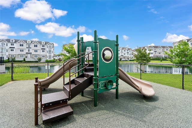 view of play area featuring a water view