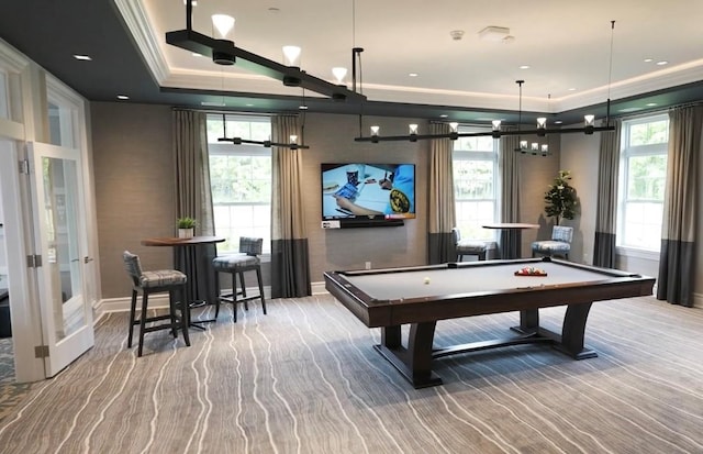 playroom with a raised ceiling, ornamental molding, and billiards