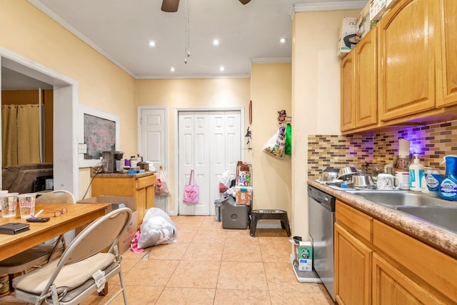 kitchen featuring crown molding, tasteful backsplash, light tile patterned flooring, ceiling fan, and dishwasher