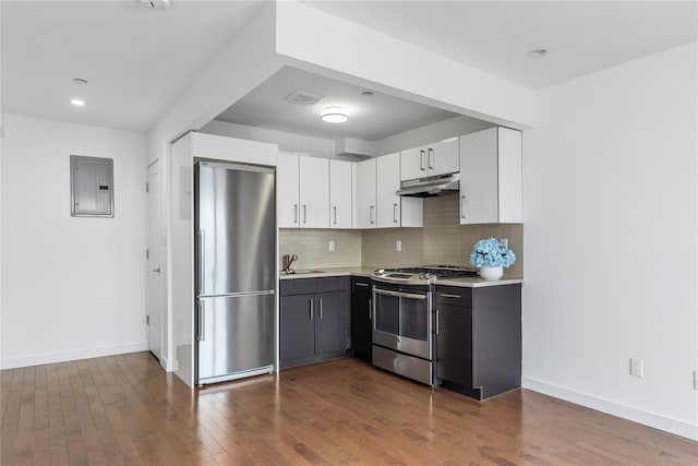 kitchen featuring sink, tasteful backsplash, appliances with stainless steel finishes, electric panel, and white cabinets