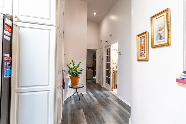 hallway featuring dark hardwood / wood-style flooring and a high ceiling