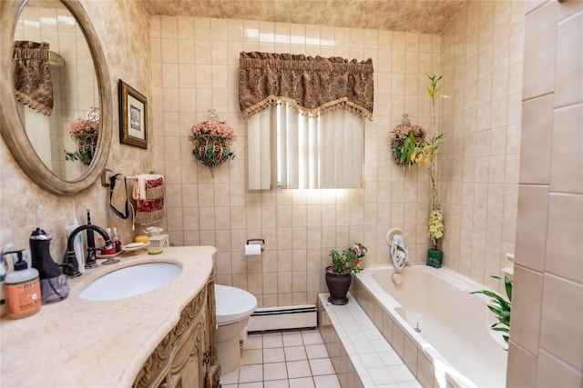 bathroom featuring a baseboard radiator, tile walls, toilet, tiled tub, and tile patterned floors