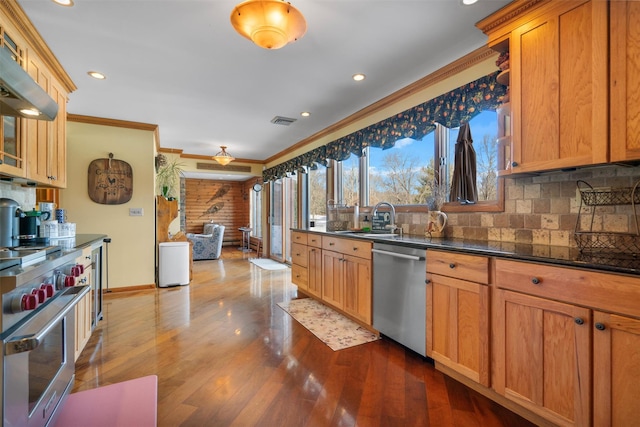 kitchen featuring appliances with stainless steel finishes, sink, backsplash, dark hardwood / wood-style flooring, and ornamental molding