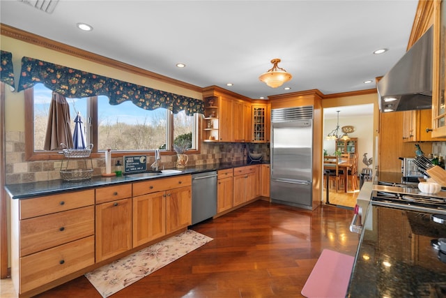 kitchen with sink, tasteful backsplash, appliances with stainless steel finishes, dark hardwood / wood-style flooring, and island exhaust hood