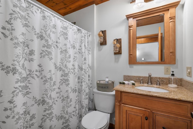 bathroom with vanity, toilet, a shower with shower curtain, and wooden ceiling