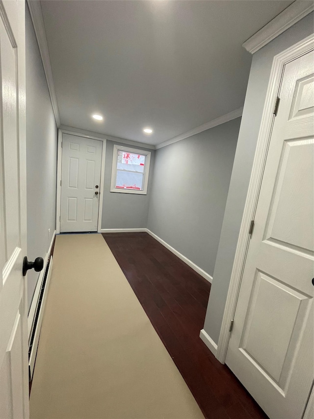 basement with crown molding, a baseboard heating unit, and dark wood-type flooring