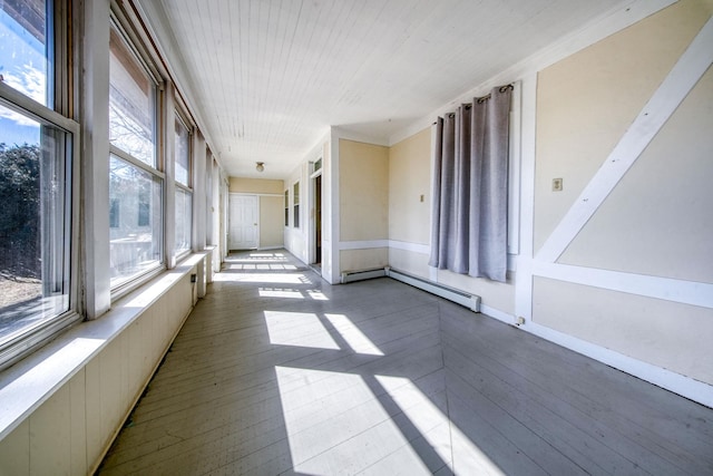 hallway with dark wood-style floors and baseboard heating