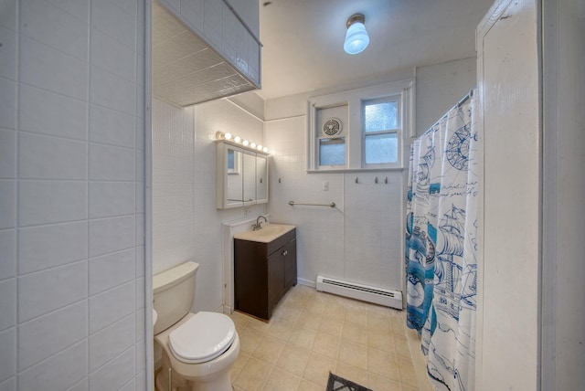 bathroom featuring tile walls, curtained shower, toilet, baseboard heating, and vanity