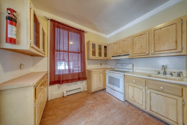 kitchen featuring white electric range oven, a baseboard radiator, light brown cabinetry, under cabinet range hood, and a sink