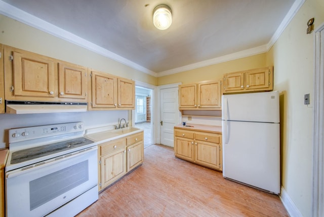 kitchen featuring under cabinet range hood, white appliances, light countertops, light brown cabinetry, and crown molding