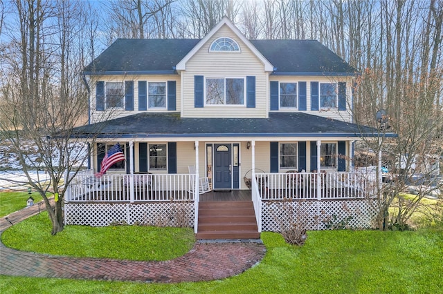 view of front of house featuring a porch and a front lawn