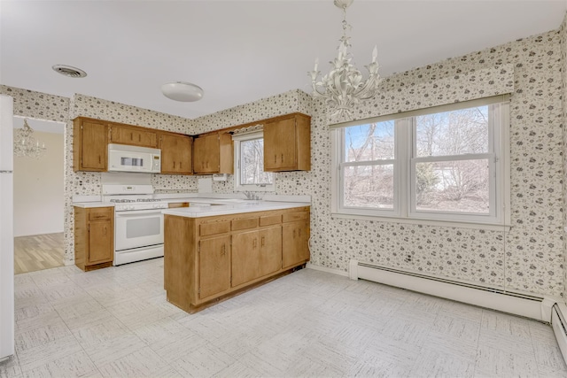 kitchen featuring decorative light fixtures, a baseboard radiator, kitchen peninsula, a notable chandelier, and white appliances