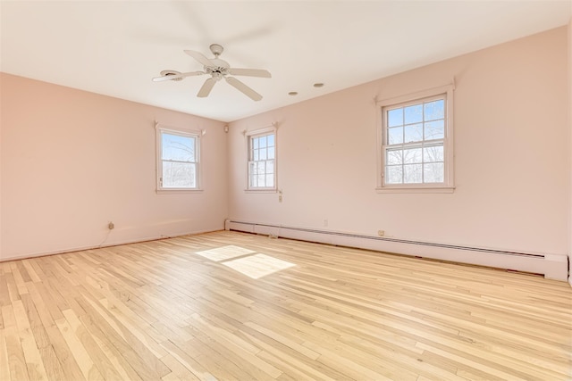 empty room featuring ceiling fan, a baseboard radiator, and light hardwood / wood-style flooring