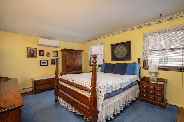 bedroom featuring dark carpet, a baseboard radiator, and a wall unit AC