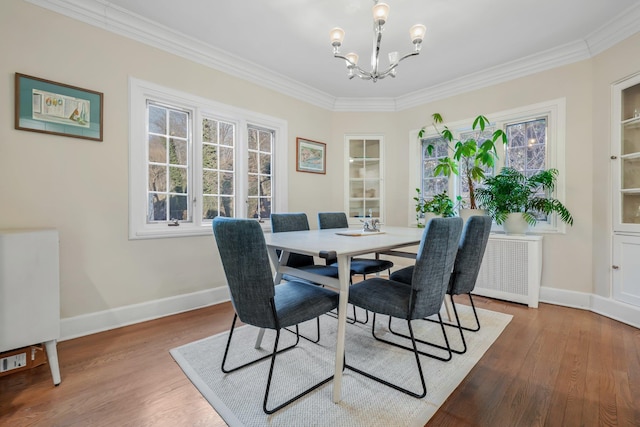 dining room featuring wood-type flooring, radiator, a chandelier, and crown molding