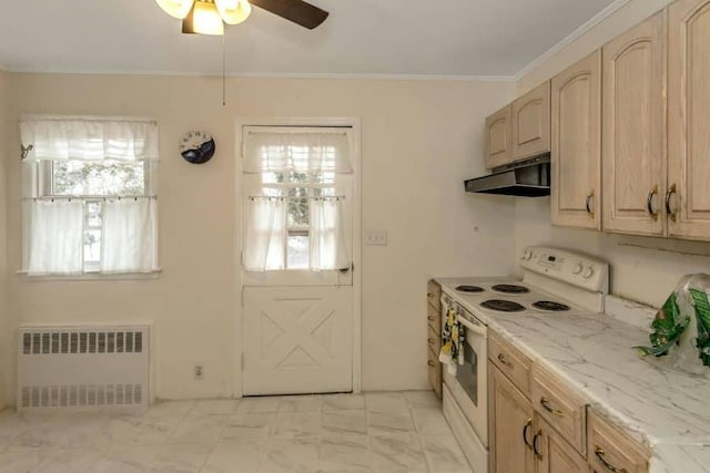 kitchen with plenty of natural light, radiator heating unit, light brown cabinets, and white range with electric cooktop