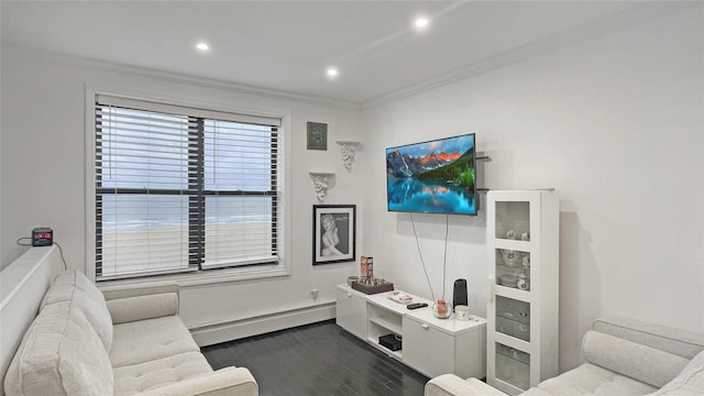 living room featuring a baseboard radiator, dark wood-type flooring, and crown molding