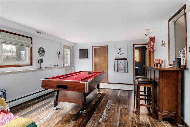 playroom featuring a baseboard radiator, wood-type flooring, and billiards