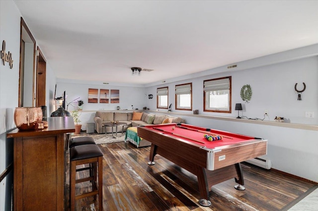 playroom featuring dark hardwood / wood-style floors and billiards