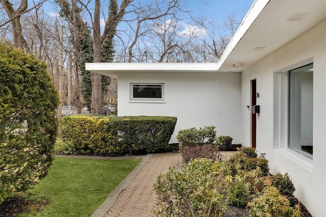 view of exterior entry featuring a yard and stucco siding