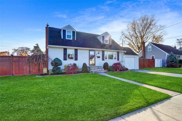 new england style home with a garage and a front yard