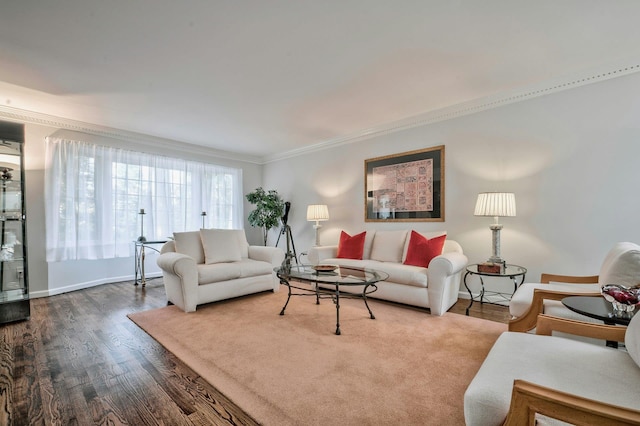 living room featuring ornamental molding and hardwood / wood-style floors