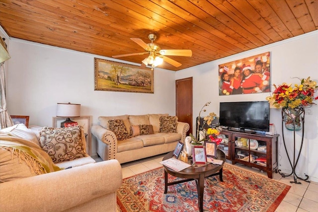 living room featuring light tile patterned flooring, crown molding, ceiling fan, and wood ceiling