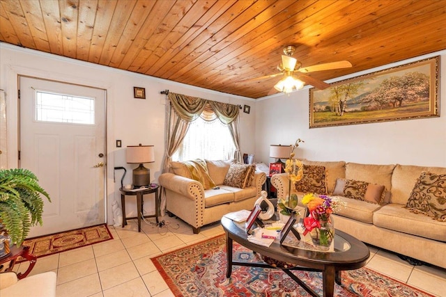 tiled living room featuring crown molding, wooden ceiling, and ceiling fan