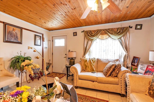 tiled living room with wood ceiling, ornamental molding, and ceiling fan